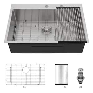 33 in. Drop-in Single Bowl 16-Gauge Brushed Nickel Stainless Steel Kitchen Sink with Bottom Grids