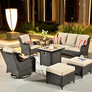 New Kenard Brown 7-Piece Wicker Patio Fire Pit Conversation Set with Beige Cushions and Swivel Rocking Chairs