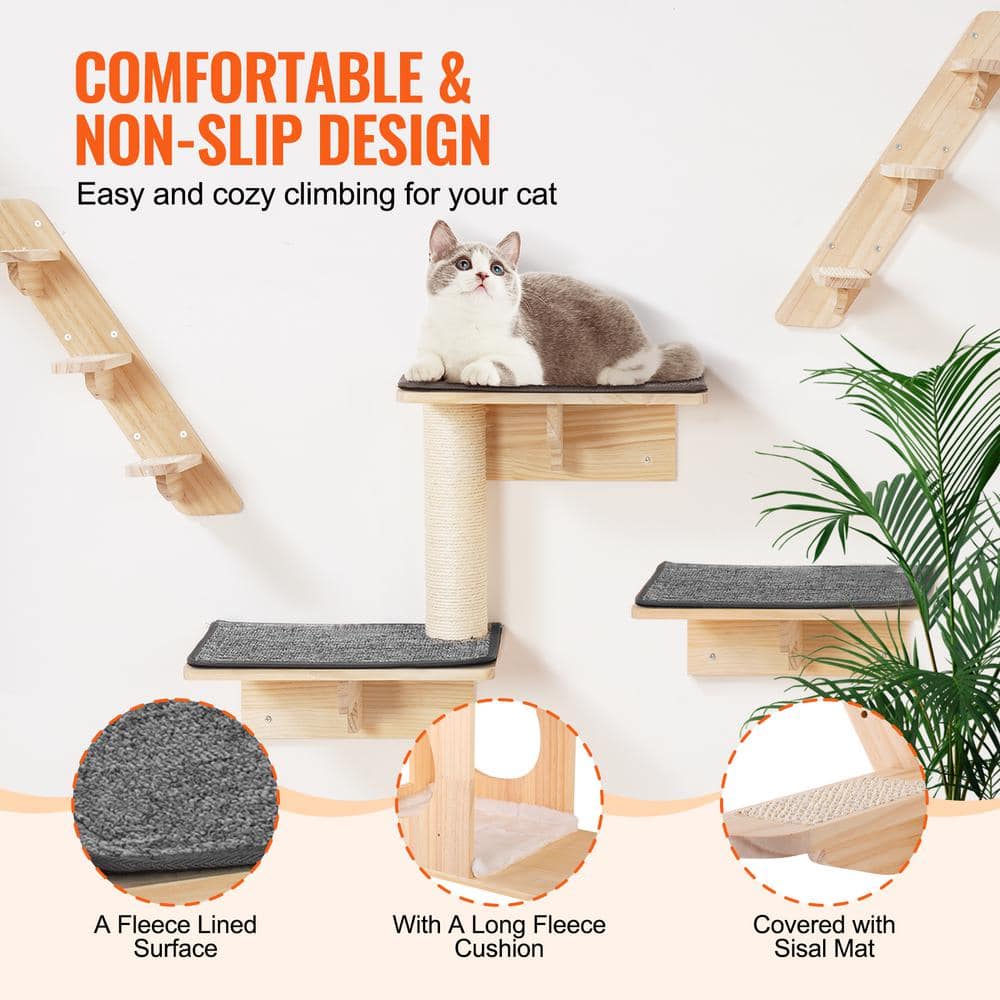 Natural Pine Wood Wall Mounted Cat Shelves Set