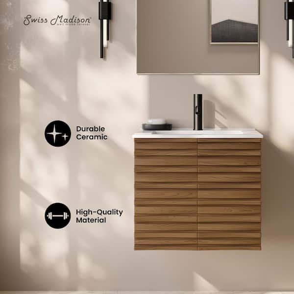 Cascade 24 in. Wall-Mounted Bath Vanity in Brown Oak with White Ceramic Sink Top