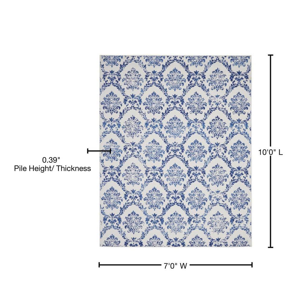 Ivory and Navy Geometric Damask 7' x 10' Area Rug