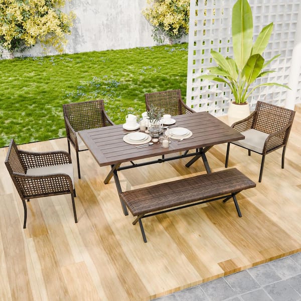 6-Piece Brown Wicker Outdoor Dining Set with Wood Table and Rattan Chairs and Bench and Beige Cushions