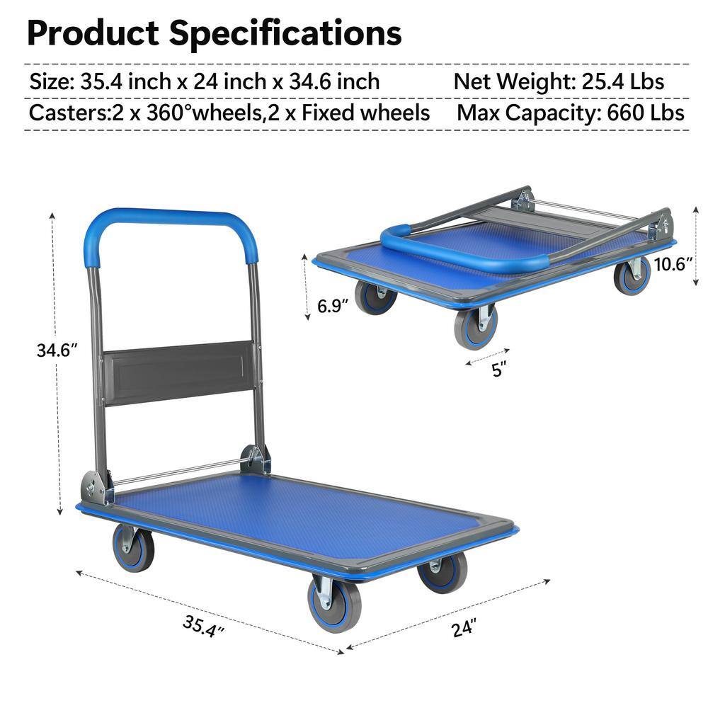 660 lbs Capacity Blue Steel Folding Platform Hand Truck Dolly