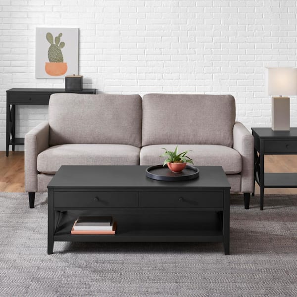StyleWell Oakley 48 in. Charcoal Black Large Rectangle Wood Coffee Table with 2-Drawers