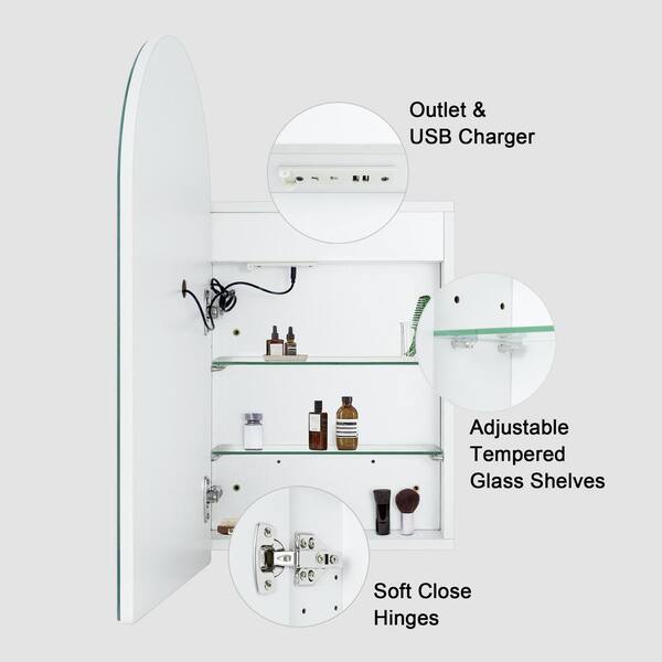 TEHOME 16-in x 28-in Lighted Surface Mount White Mirrored Arched Soft Close Medicine Cabinet