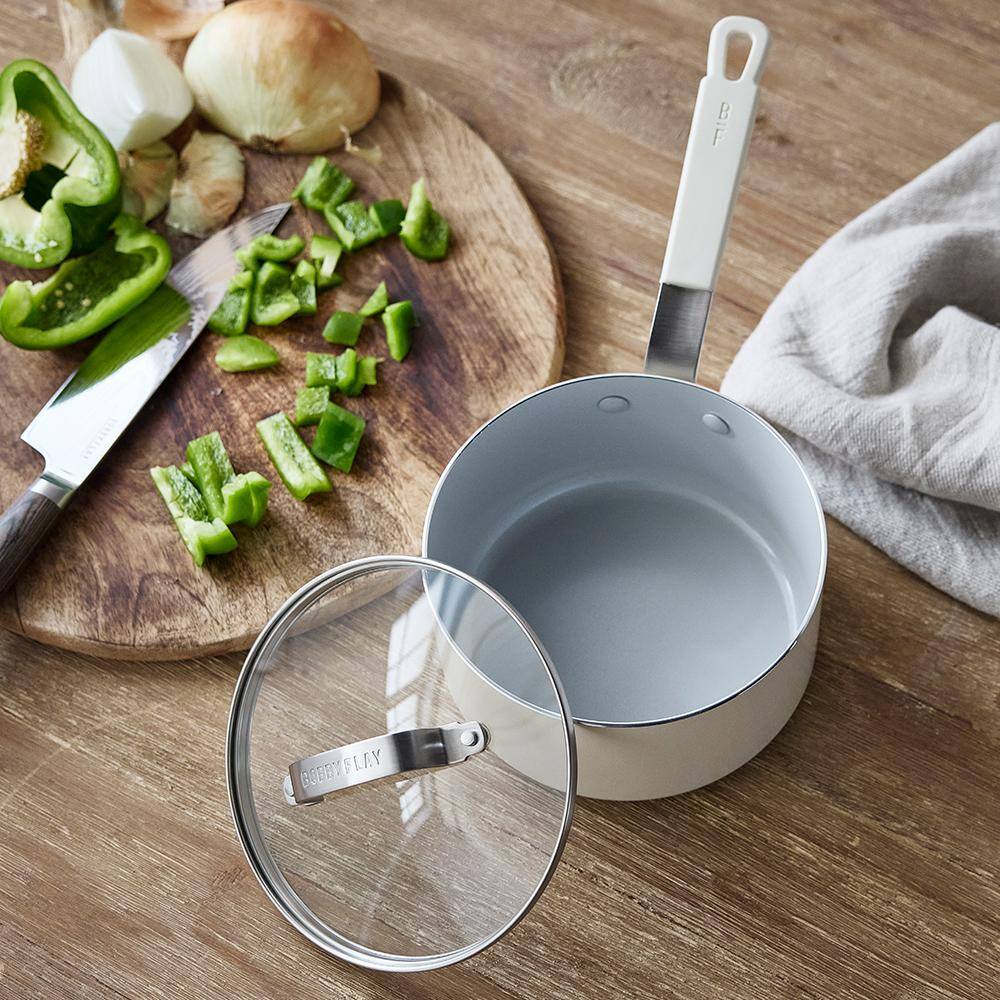 Cream 2.53QT Aluminum Nonstick Saucepan with Glass Lid
