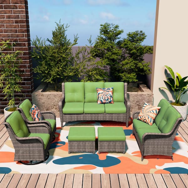 MeetLeisure Patio Furniture Set 6-Piece Wicker Outdoor Patio Conversation Set with Green Cushions