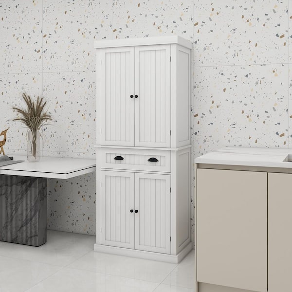 30 in. W x 15.7 in. D x 72 in. H White Linen Cabinet with 4 Doors and a Drawer