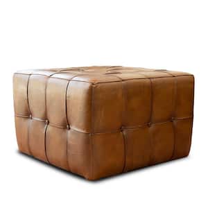 Bumble Mid-Century Tufted Square Genuine Leather Upholstered Ottoman in Brown