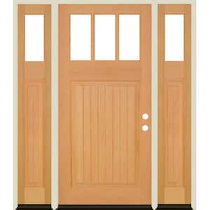 64 in. x 80 in. Craftsman V Groove LH 1/4 Lite Clear Glass Natural Stain Douglas Fir Prehung Front Door with DSL