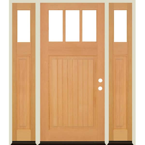 Krosswood Doors 64 in. x 80 in. Craftsman 3-Lite Clear Glass VG Clear Stain Left Hand Hemlock Wood Prehung Front Door w/DSL