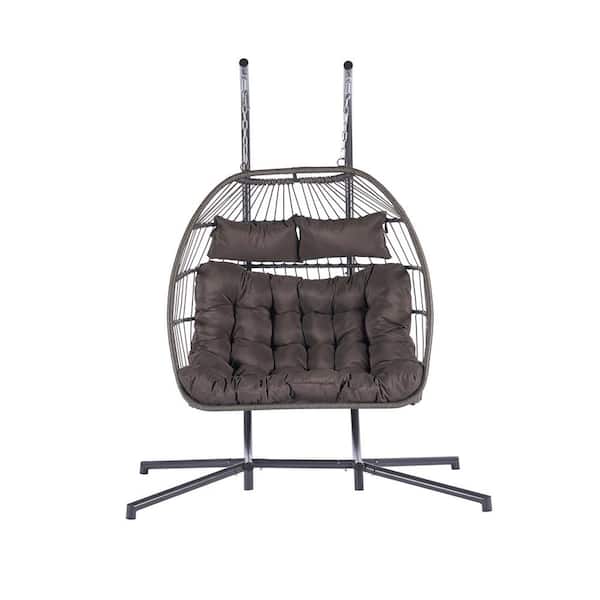 Zeus & Ruta 2 Person 720 lbs. Outdoor Rattan Hanging Metal Patio Chair Wicker Egg Chair with with Black Stand and Dark Gray Cushions