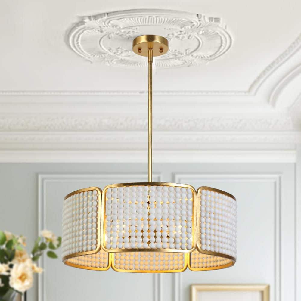 Mid-Century Modern 5-Light Gold Drum Chandelier, Glam Lighting with White Wood Bead Shade for Dining Room, Adjustable price history on PriceWatchPro