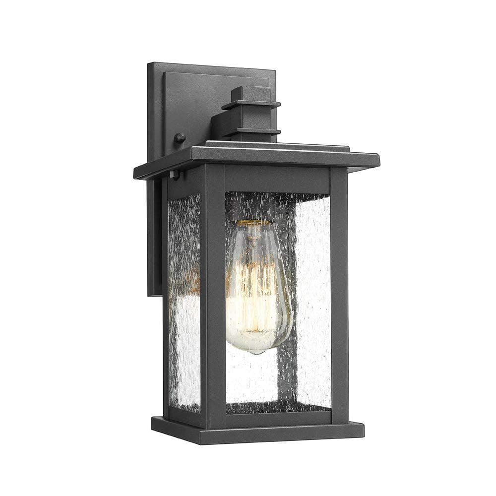 Medium Black Aluminum Outdoor Lantern Sconce with Seeded Glass