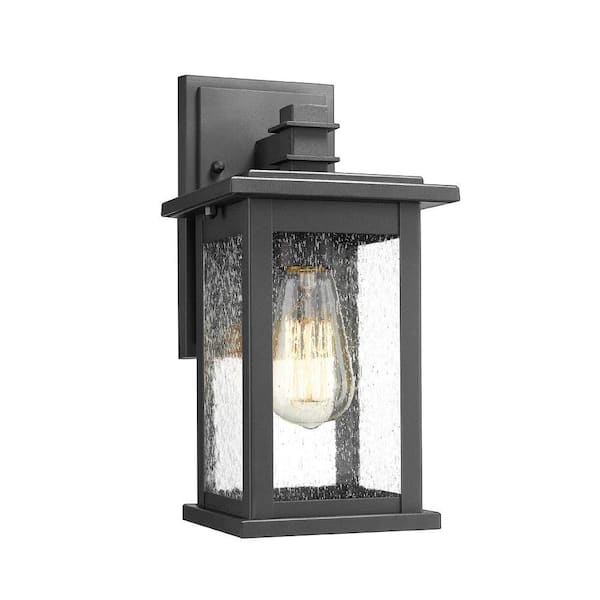 JAZAVA 1-Light Black Weather Resistant Exterior Outdoor Wall Light Sconce Wall Lantern with Seeded Glass for the Porch