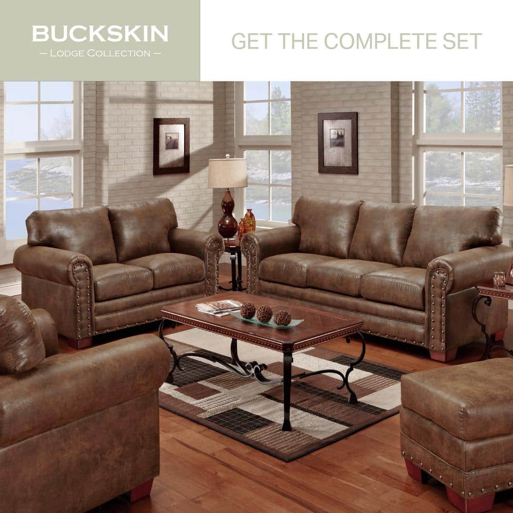 Buckskin Rustic Leather-Look Microfiber Ottoman with Antique Brass Accents