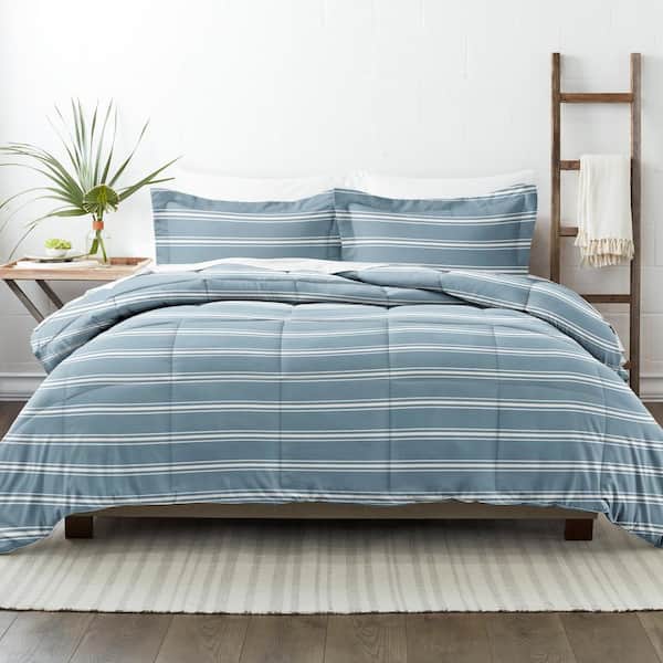 Becky Cameron 3-Piece Light Blue Soft Stripe Pattern Reversible Microfiber Full / Queen Down-Alternative Comforter Set