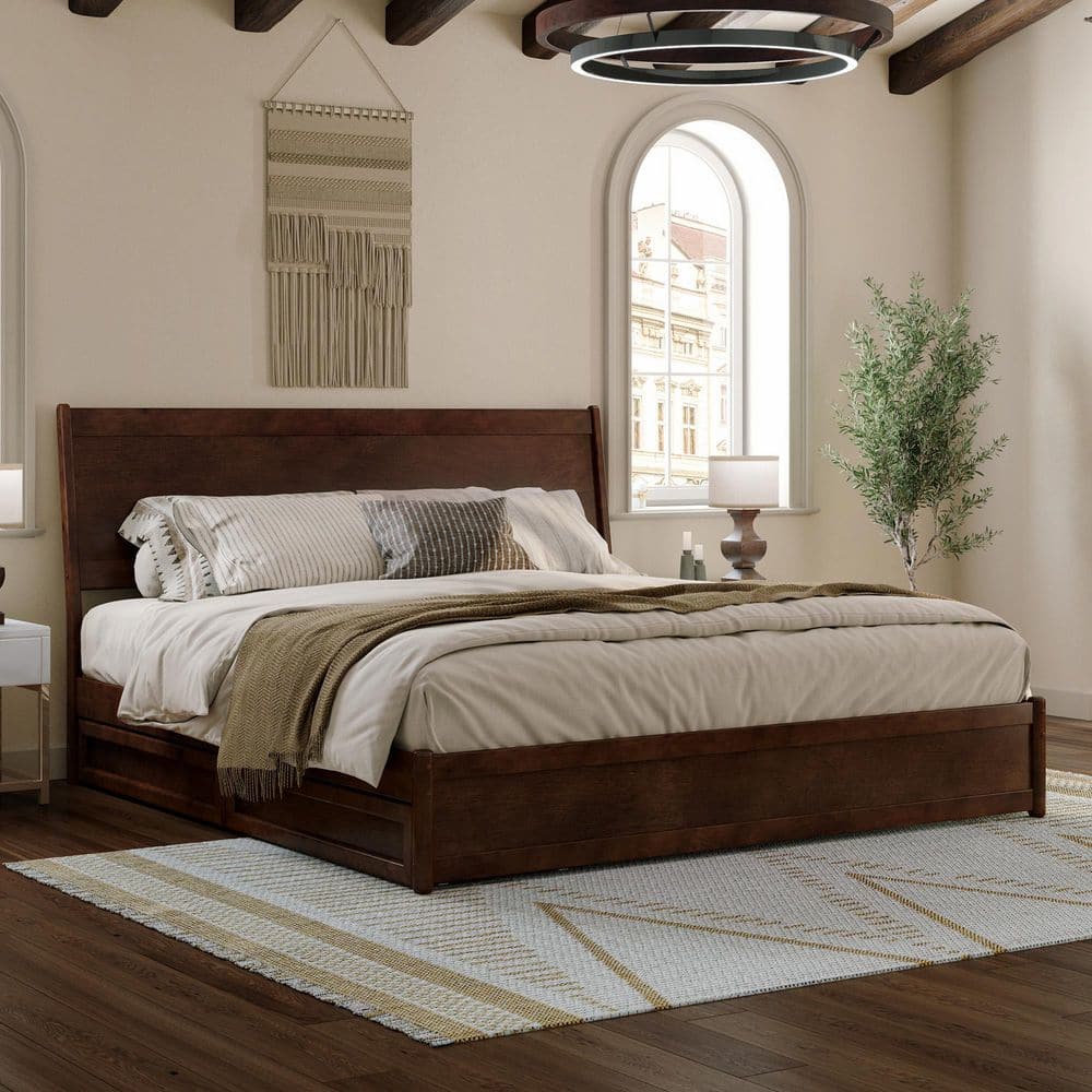 Casanova Dark Walnut King Wood Platform Bed with Storage Drawers