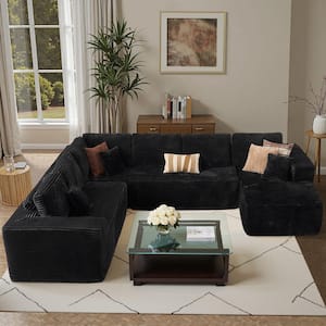 VJ 135 in. Wide Arm 4-Piece Modern Plush Corduroy U-Shape Modular Sectional Sofa in. Black with Right Chaise