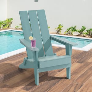 HIPS Foldable Adirondack Chair, Weather Resistant Wood-Grain Finish Chair With Wide Backrest, Lake Blue