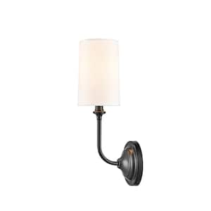 Giselle 1-Light Matte Black Wall Sconce with Off-White Cotton Fabric Shade