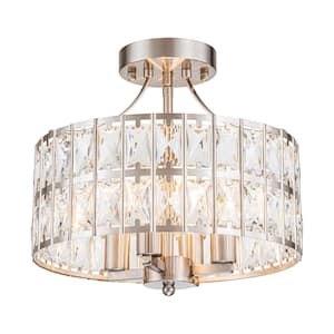 Sroda 12.5 in. 4-Light Brushed Nickel Mid-Century Drum Crystal Semi-Flush Mount Ceiling Light with Drum Crystal Shade