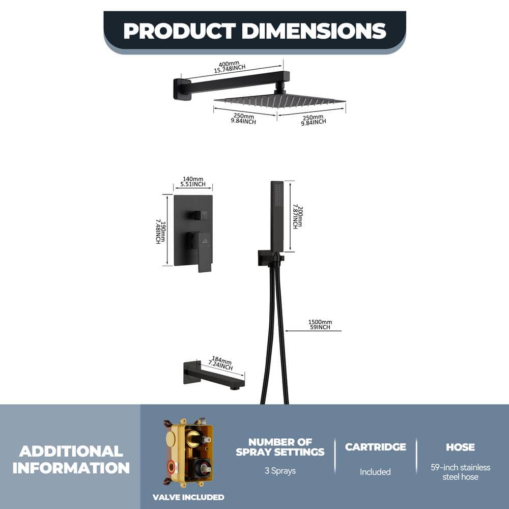 Matte Black Brass Wall Mounted Rain Shower System with Handheld