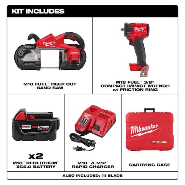 M18 FUEL 18V Lith-Ion Brushless Cordless Deep Cut Bandsaw w/ (2) 5.0 Battery & Rapid Charger & 3/8 in. Impact Wrench
