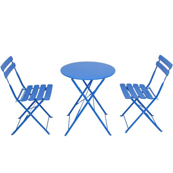 Tenleaf 3-Piece Blue Metal Round Table Outdoor Bistro Set with Beige Cushions