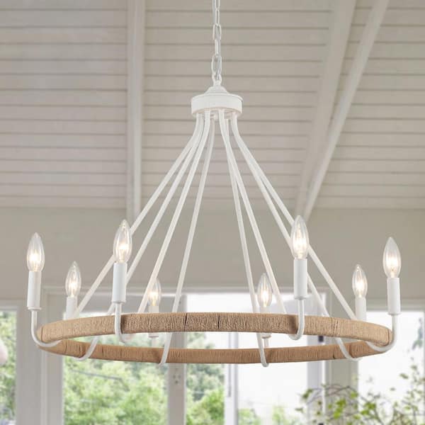 8-Light Distressed White Farmhouse Chandelier Wagon Wheel Candlestick Light Fixture for Kitchen Island
