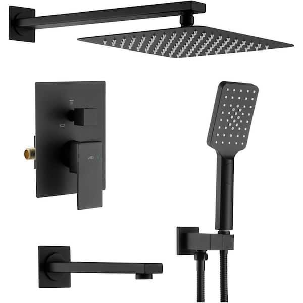Unbranded Double Handles 1-Spray Cube Wall Mount Shower Faucet 1.8 GPM with Pressure Balance Rough in Valve in Matte Black
