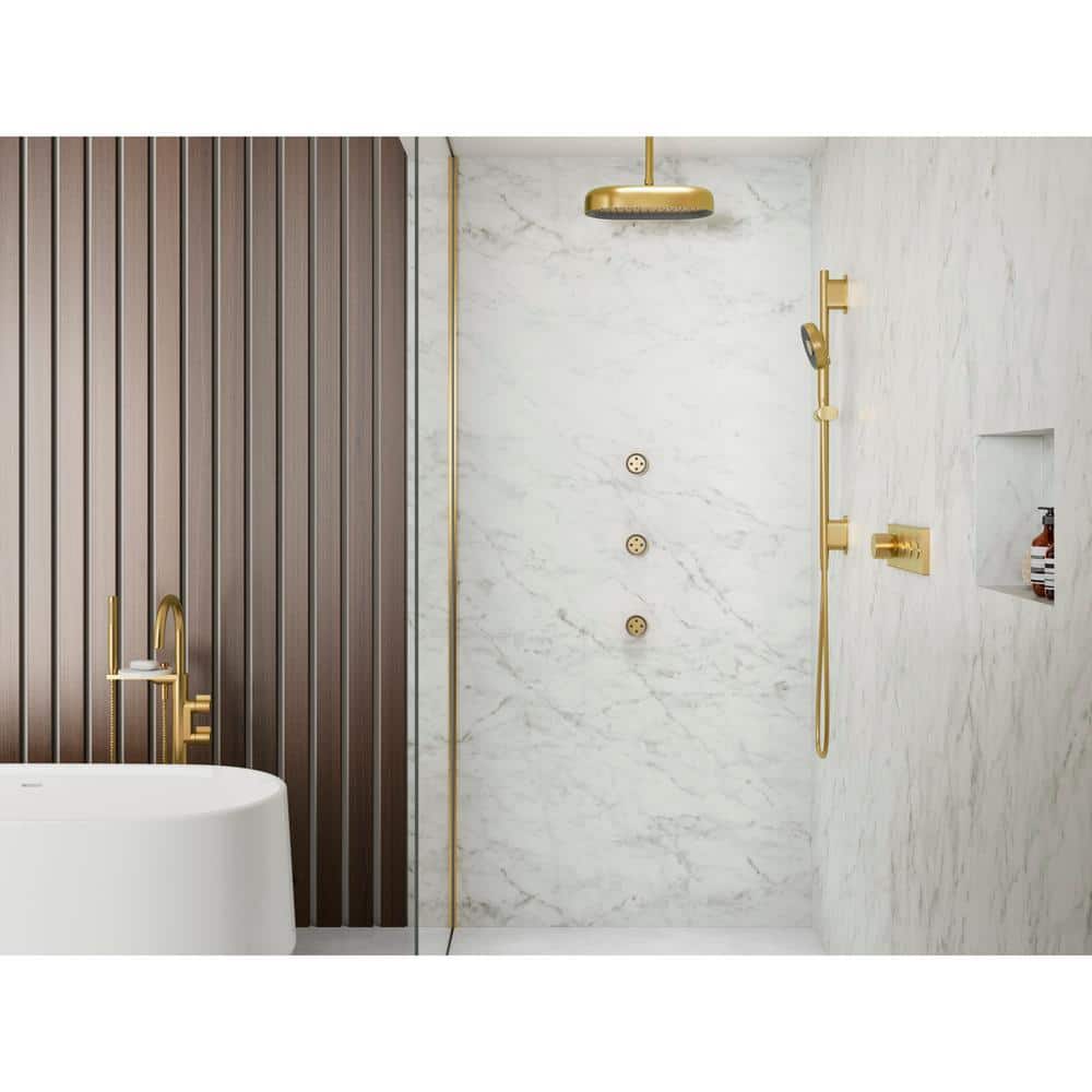 Vibrant Brushed Brass Floor-Mount Bath Filler with Handshower