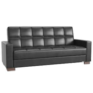 Basics Collection Convertible 87 in. Black Faux Leather 3-Seater Twin Sleeper Sofa Bed with Storage