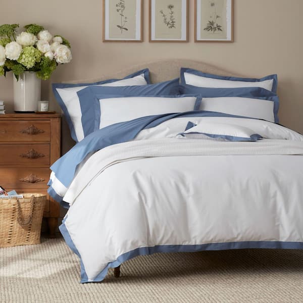 Company Cotton Solid Border Slate Blue King Cotton Percale Duvet Cover
