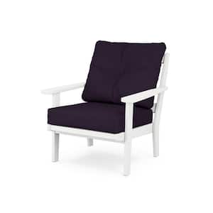Mission Plastic Outdoor Deep Seating Chair in White with Navy Linen Cushion