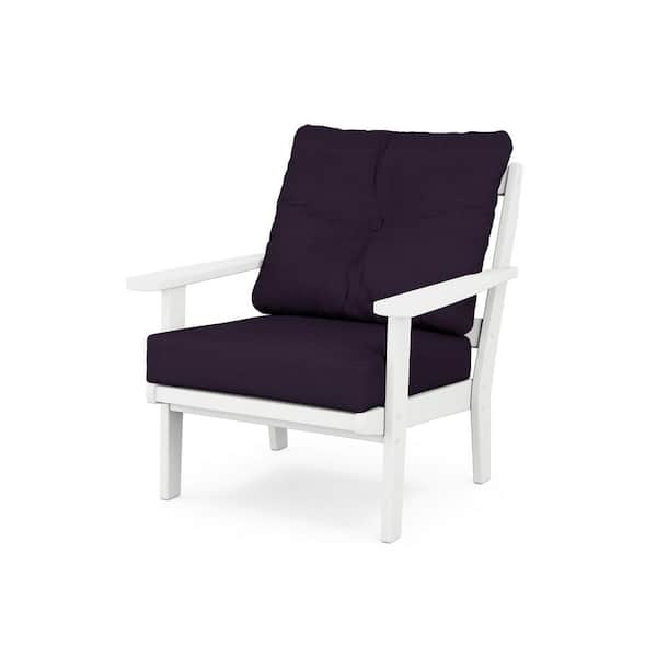 POLYWOOD Mission Plastic Outdoor Deep Seating Chair in White with Navy Linen Cushion