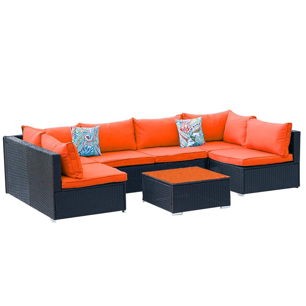 7-Pieces Black Wicker Outdoor Sofa Sectional Set with Orange Cushions