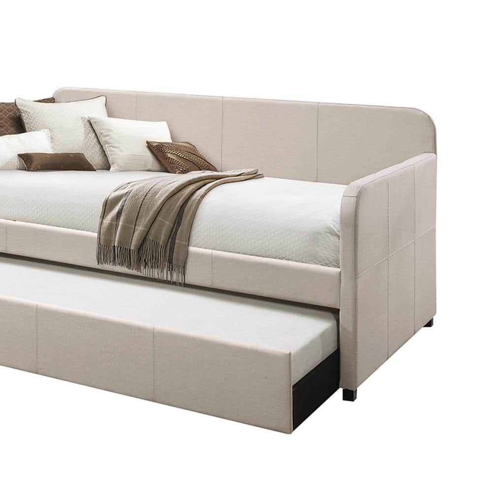 Beige Twin Upholstered Wood Frame Daybed with Trundle