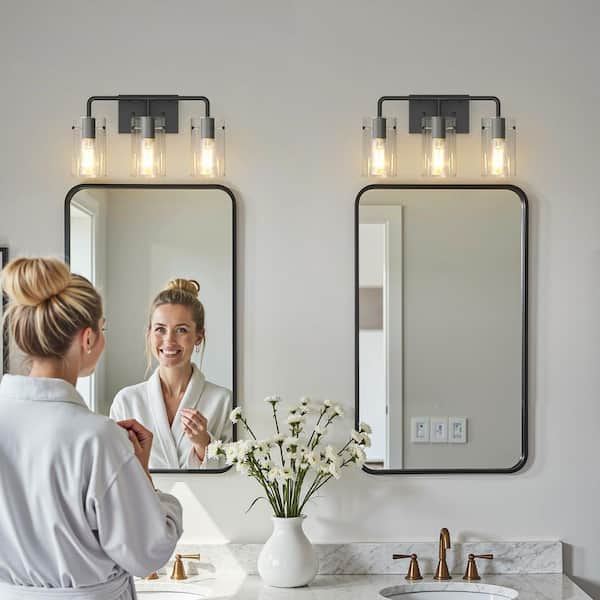 18 in. Industrial 3-Light Matte Black Farmhouse Vanity Light with Glass Shades for Bathroom