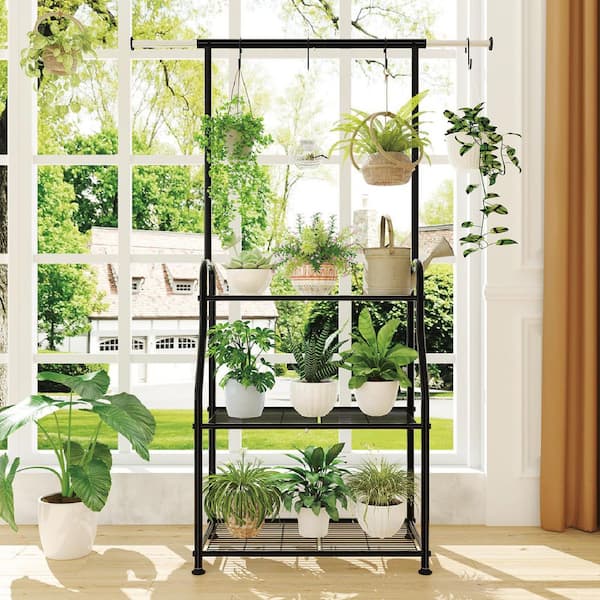 3-Tier Black Metal Rectangular Heavy Duty Plant Stand Shelf with Indoor Outdoor Compatibility (13in. W x 64 in. H)