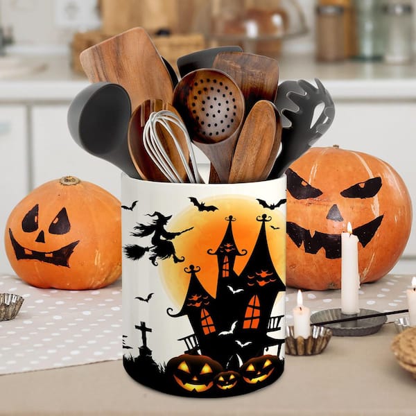 Halloween Kitchen Decor White Ceramic Utensil Holder with Witch Castle Print for Rustic Farmhouse Indoor Kitchen Decor