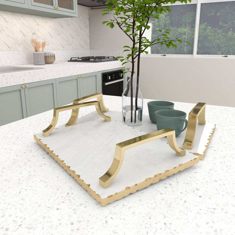 Gold and White Ceramic Rectangular Tray Set with Metal Handles