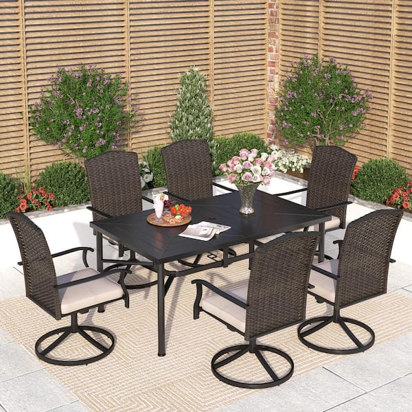 PHI VILLA Black 7-Piece Metal Patio Outdoor Dining Set with Rectangle Table and Rattan Chairs with Beige Cushion