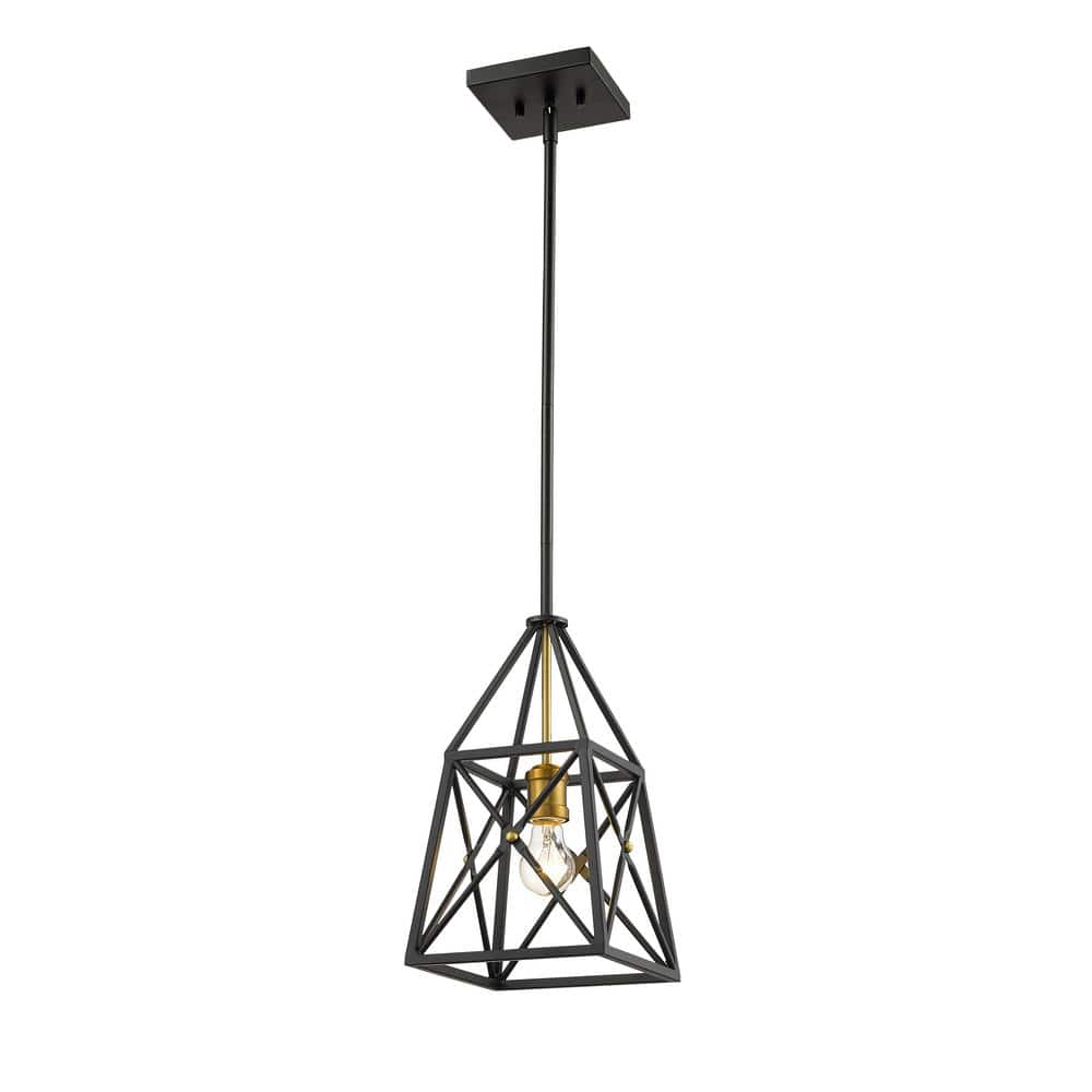 Trestle 100-Watt 1-Light Matte Black and Olde Brass Cage Mini Pendant Light