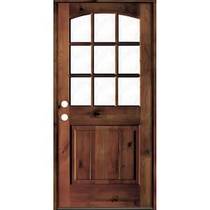 32 in. x 80 in. Knotty Alder Right-Hand/Inswing 9-Lite Arch Top Clear Glass Red Mahogany Stain Wood Prehung Front Door