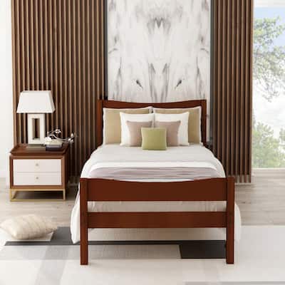 41.9 in. W Walnut Twin Size Wood Frame Platform Bed with Headboard and Wooden Slat Support