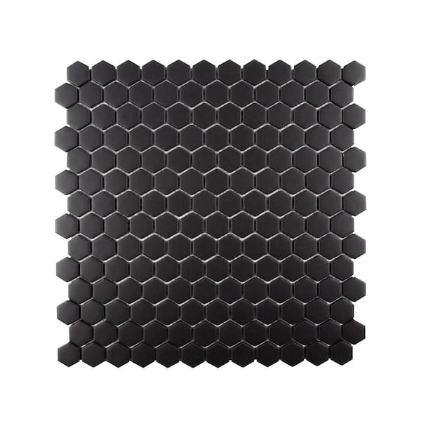 1" Hexagon Black 11.375 in. x 11.625 in. Matte Glass Wall and Floor Mosaic Tile (9.18 sq. ft./Case)