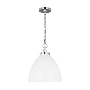 Wellfleet 15.625 in. W x 13.5 in. H 1-Light Matte White/Polished Nickel Medium Dome Pendant Light with Steel Shade