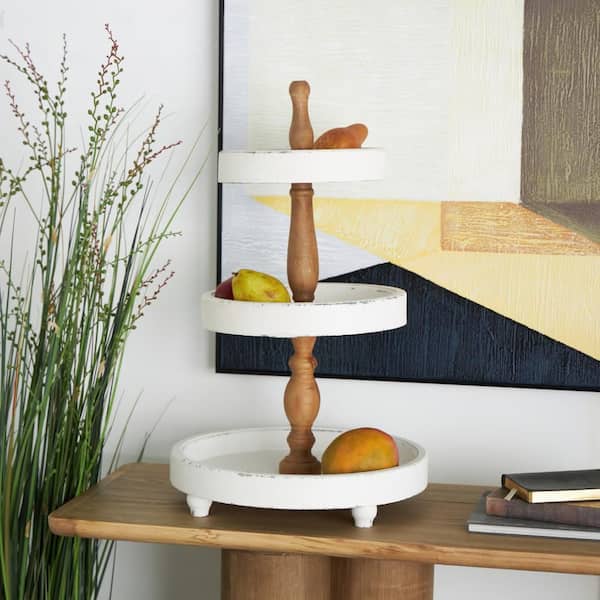 Litton Lane 3-Tier 24 in. Farmhouse Distressed White Wood Cake Stand