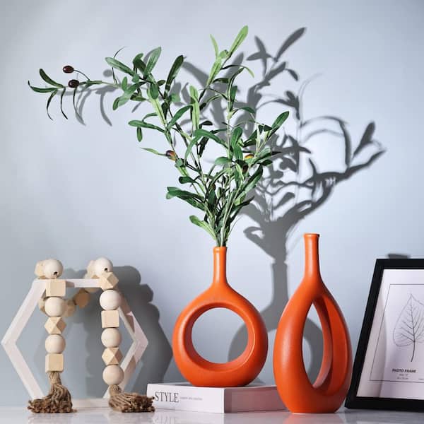 Orange Ceramic Vase Set 2, Modern Hollow Circle with Hole Flower Vase for Home Decor